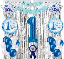 Boys First Birthday Decorations Combo Of Balloons, Curtains, Bday Boy Badge-thumb1