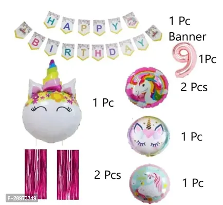 Jolly Party 9 No Foil Balloon Happy Birthday unicorn shape with pink fringe curtain Metallic Balloons ( Pink , White  Gold)-thumb2