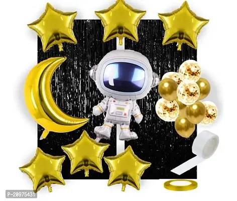 Jolly Party 1 Moon Balloon (Golden) 6 Star Balloon (Golden 1 Astronaut Shape Balloon, 2 Curtains (Black) 1 Ribbon, 1 Glue Dot, 10 Balloon golden  5 silver confetti balloon