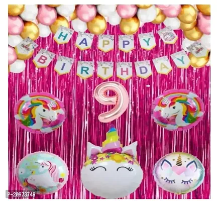 Jolly Party 9 No Foil Balloon Happy Birthday unicorn shape with pink fringe curtain Metallic Balloons ( Pink , White  Gold)
