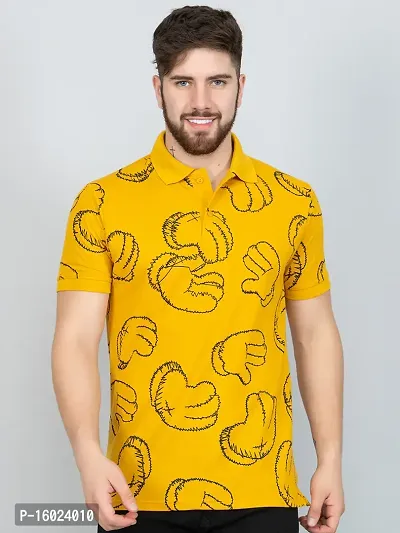 Ekom Men Regular Fit Polo Tshirt | Cotton Matty Funky  Punchy Hands Printed Polo T-Shirt For Men - Mustard-thumb0