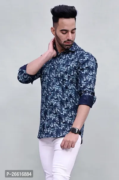 Stylish Blue Cotton Printed Casual Shirts For Men-thumb3