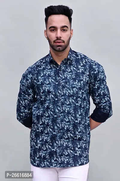 Stylish Blue Cotton Printed Casual Shirts For Men-thumb0