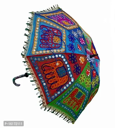 Ekam Art Elephant Embroidery Design Multicolor Sun Protection Rajasthani Handmade Cotton Fabric Decoration Umbrella Wedding Decor Parasol