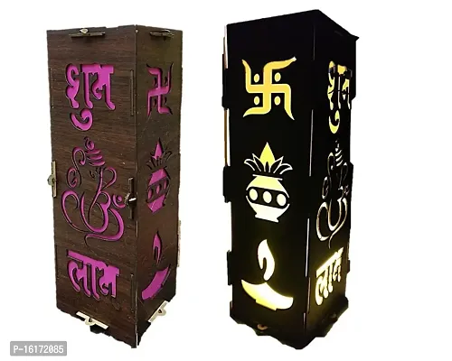 UNIq Diwali Wooden Handmade Diwali Kandil with Diwali Cut Out Symbols on All Sides, Decorative Diwali Lamp for Home Decoration, Hanging Light Lantern (Multicolor)-thumb0