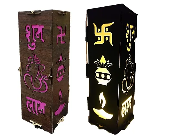 UNIq Diwali Wooden Handmade Diwali Kandil with Diwali Cut Out Symbols on All Sides, Decorative Diwali Lamp for Home Decoration, Hanging Light Lantern (Multicolor)