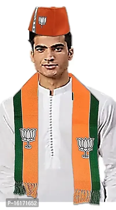 uniq Bharatiya Janata Party ? BJP Saffron/Bhagwa-Green Narendra Modi Ji Style Gandhi Topi/Cap WITH Two Color Scarf - BJP Flaunt Unisex Dupatta - Roto Fatka 100% Cotton Fabric-thumb0