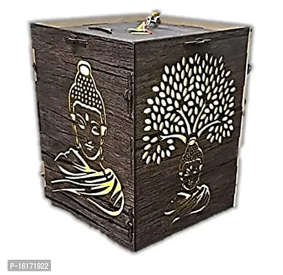 UNIq Buddha Wooden Handmade Hanging/Tabletop LED Kandil with Gautam Buddha Cut Out Symbols on All Sides, for Home/Office/Spa Decor to Hang on Entrance or Place as Indoor lamp (Multicolor)