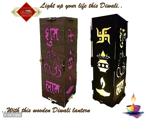 UNIq Diwali Wooden Handmade Diwali Kandil with Diwali Cut Out Symbols on All Sides, Decorative Diwali Lamp for Home Decoration, Hanging Light Lantern (Multicolor)-thumb5