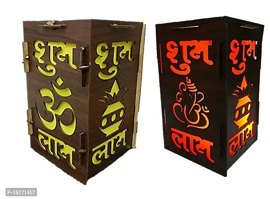 UNIq Diwali Wooden Handmade Diwali Kandil with Diwali Cut Out Symbols on All Sides, Decorative Diwali Lamp for Home Decoration, Hanging Light Lantern (Multicolor)-thumb0