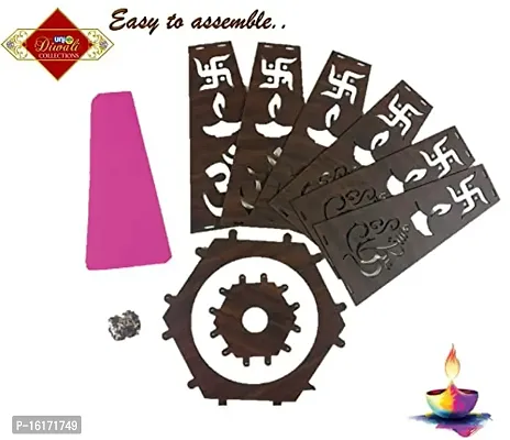 UNIq Diwali Wooden Handmade Diwali Kandil with Diwali Cut Out Symbols on All Sides, Decorative Diwali Lamp for Home Decoration, Hanging Light Lantern (Multicolor)-thumb2