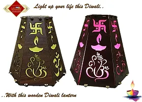 UNIq Diwali Wooden Handmade Diwali Kandil with Diwali Cut Out Symbols on All Sides, Decorative Diwali Lamp for Home Decoration, Hanging Light Lantern (Multicolor)-thumb4