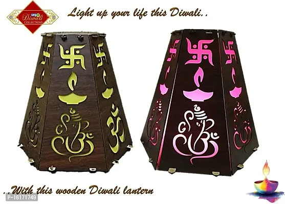 UNIq Diwali Wooden Handmade Diwali Kandil with Diwali Cut Out Symbols on All Sides, Decorative Diwali Lamp for Home Decoration, Hanging Light Lantern (Multicolor)-thumb5