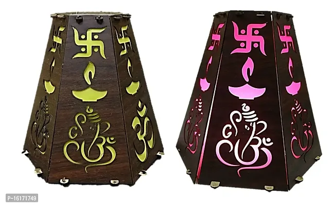 UNIq Diwali Wooden Handmade Diwali Kandil with Diwali Cut Out Symbols on All Sides, Decorative Diwali Lamp for Home Decoration, Hanging Light Lantern (Multicolor)-thumb0