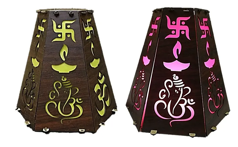 UNIq Diwali Wooden Handmade Diwali Kandil with Diwali Cut Out Symbols on All Sides, Decorative Diwali Lamp for Home Decoration, Hanging Light Lantern (Multicolor)