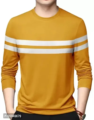 RiseMax Mustard Color Striped Multicolor Round Neck Full Sleeve Regular Fit T-Shirts For Men