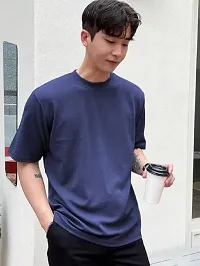 Solid Navy Blue Color Oversized T-Shirts For Men-thumb2