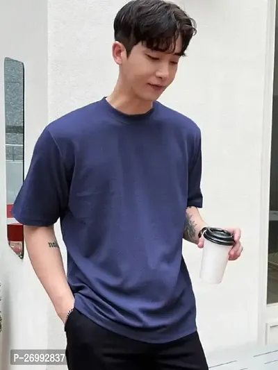 Solid Navy Blue Color Oversized T-Shirts For Men-thumb3