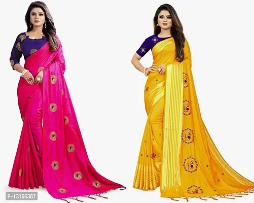 Stylish Silk Blend Multicoloured Woven Design Saree with Blouse piece For Women Pack Of 2