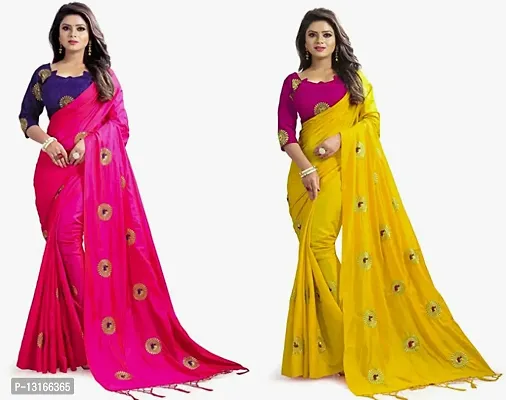 Stylish Silk Blend Multicoloured Woven Design Saree with Blouse piece For Women Pack Of 2