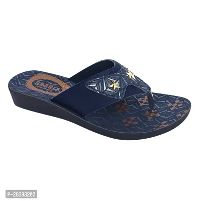 Elegant Navy Blue PU Self Design Fashion Flats Sandal For Women