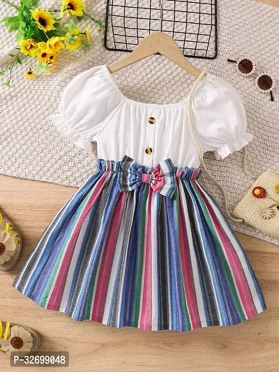 Stylish White Cotton Striped Dresses For Girls-thumb0