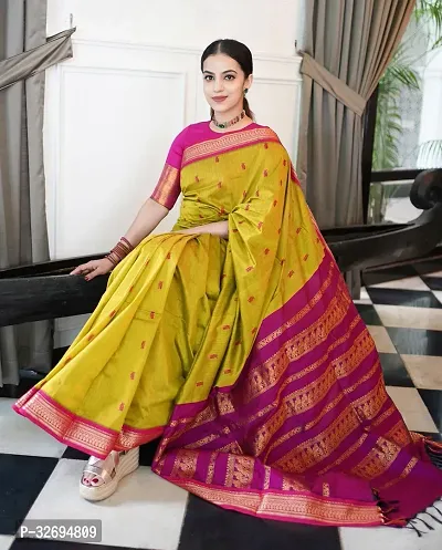 Stylish Yellow Cotton Printed Saree With Blouse Piece For Women-thumb0