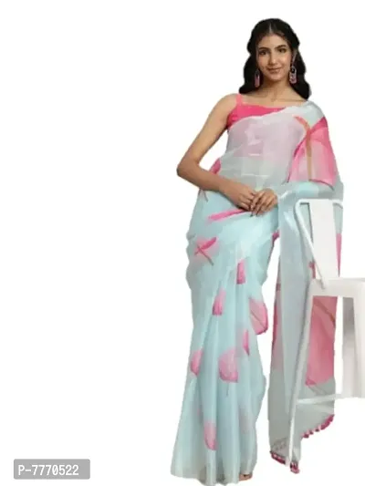 BH BANDHANI HUB Women's Digital Leaf Design Saree with Unstitched Blouse Piece | Organza Fancy Tassels In Pallu | Gorgeous Look | Sari for Girls  Women | Sky Blue, Pink ndash; OBP-thumb0