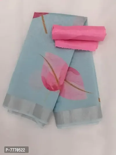 BH BANDHANI HUB Women's Digital Leaf Design Saree with Unstitched Blouse Piece | Organza Fancy Tassels In Pallu | Gorgeous Look | Sari for Girls  Women | Sky Blue, Pink ndash; OBP-thumb3