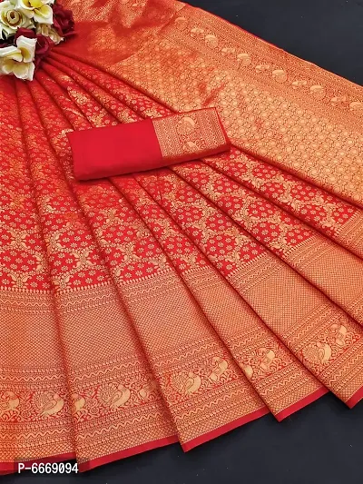Stylish Cotton Silk Red Woven Design Saree With Blouse Piece For Women-thumb0