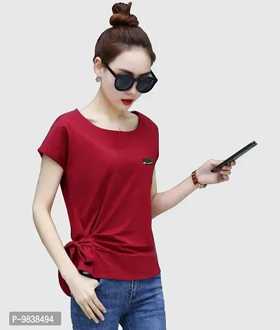 Yes'No Women's Short Sleeve Round Neck Cotton T-Shirt with Belt (Red, Small)-thumb4