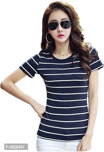 Yes'No Women's Round Neck Half Sleeve Striped Cotton T-Shirt (Blue, Medium)-thumb0