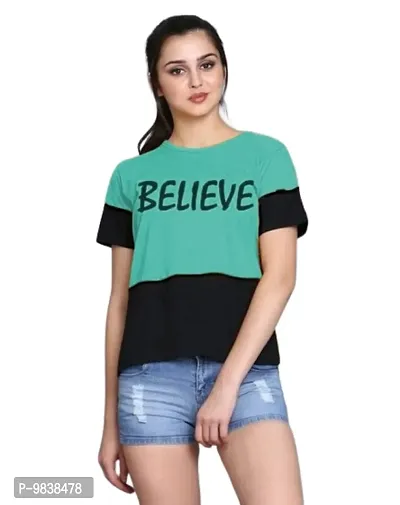 Yes'No Womens Round Neck Half Sleeve Color Block Cotton T-Shirt-thumb0