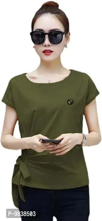 Yes'No Women's Short Sleeve Round Neck Cotton T-Shirt with Belt (Olive, X-Large)