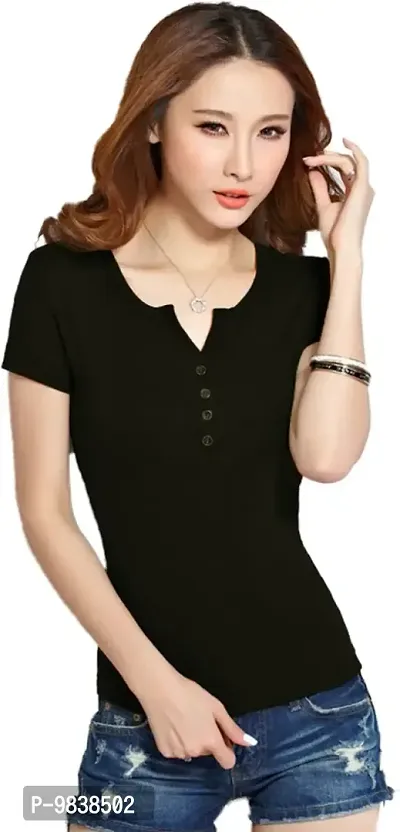 Yes'No Women's Henley Neck Half Sleeve Cotton T-Shirt (Black, Medium)