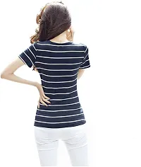 Yes'No Women's Round Neck Half Sleeve Striped Cotton T-Shirt (Blue, Medium)-thumb1