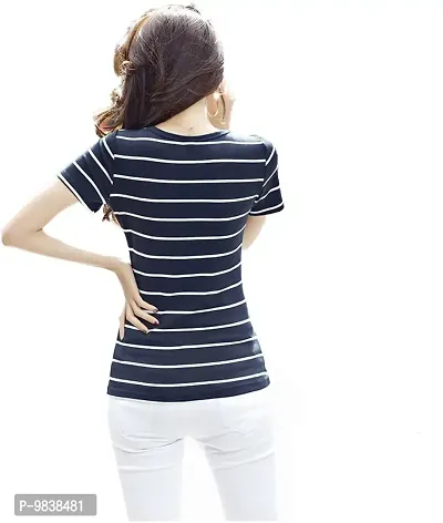 Yes'No Women's Round Neck Half Sleeve Striped Cotton T-Shirt (Blue, Medium)-thumb2