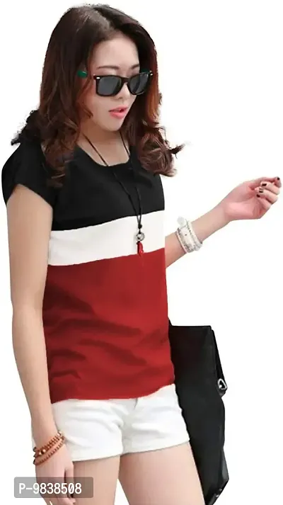 Stylish Multicoloured Cotton Colourblocked T-Shirt For Women-thumb2