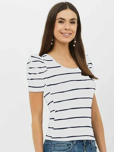 Yes'No Womens Round Neck Half Sleeve Striped Cotton T-Shirt