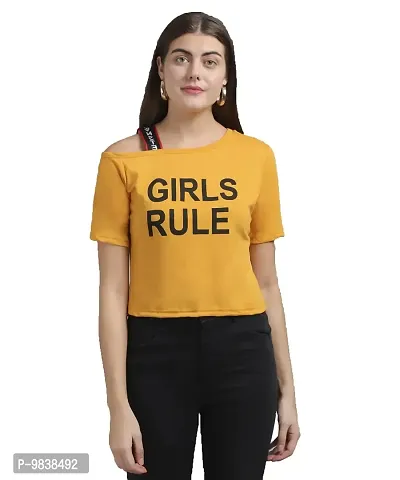 Yes'No Women's Round Neck Cold Shoulder Cotton T-Shirt (Mustard, Small)-thumb0