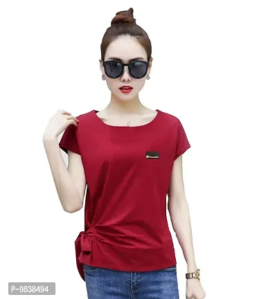 Yes'No Women's Short Sleeve Round Neck Cotton T-Shirt with Belt (Red, Small)-thumb0