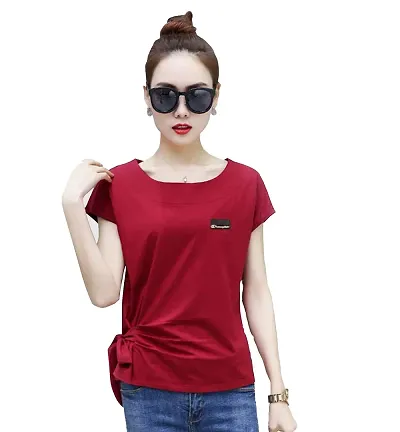 Yes'No Women's Short Sleeve Round Neck Cotton T-Shirt with Belt
