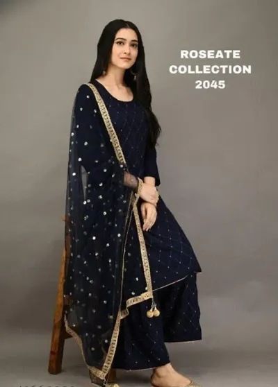 stylish Rayon Embellished Kurta With Bottom And Dupatta Set