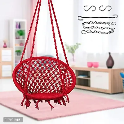 Cotton Netted Rope Round Hanging Swing for Adults  Kids/Swing for Balcony/100% Cotton Wooden Swing with Chain for Indoor Outdoor Home 120 kgs Capacity (Hanging Accessories Free Including Chai-thumb0
