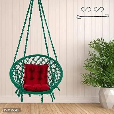 Cotton Netted Rope Round Hanging Swing for Kids  Adults, 100% Cotton Swing Chair with Red L-Cushion for Indoor, Outdoor, Patio, Swing Chair with Free Hanging Accessories (120 kgs, Green)-thumb0