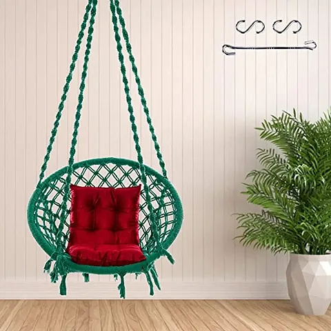 Cotton Netted Rope Round Hanging Swing for Kids  Adults, 100% Cotton Swing Chair with Red L-Cushion for Indoor, Outdoor, Patio, Swing Chair with Free Hanging Accessories (120 kgs, Green)