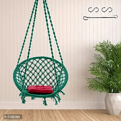 Cotton Netted Rope Round Hanging Swing for Kids  Adults, 100% Cotton Swing Chair with Red Square Cushion for Indoor, Outdoor, Swing Chair with Free Hanging Accessories (120 g Capacity, Green)-thumb0