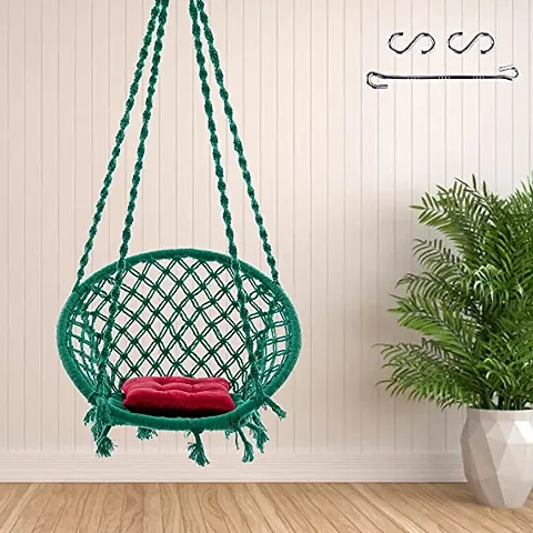Cotton Netted Rope Round Hanging Swing for Kids  Adults, 100% Cotton Swing Chair with Red Square Cushion for Indoor, Outdoor, Swing Chair with Free Hanging Accessories (120 g Capacity, Green)