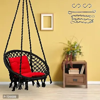 Cotton Netted Rope Round Hanging Swing for Kids  Adults/100% Cotton Swing Chair with L-Cushion for Indoor, Outdoor,Patio/Swing Chair with Chain  Hanging Accessories (120 kgs Capacity, Black)-thumb0