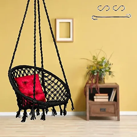 Cotton Netted Rope Round Hanging Swing for Kids  Adults/100% Cotton Swing Chair with Square Cushion for Indoor, Outdoor/Swing Chair with Free Hanging Accessories (120 kgs Capacity, Black)